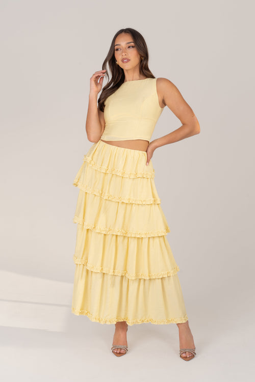 Melody Two-Piece Set - Yellow Sleeveless Top & Layered Ruffle Skirt