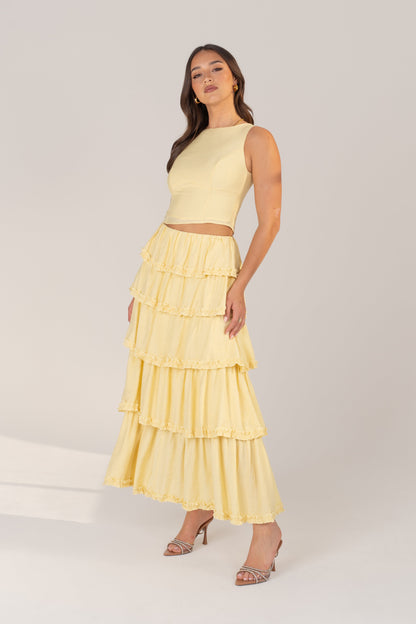 Melody Two-Piece Set - Yellow Sleeveless Top & Layered Ruffle Skirt