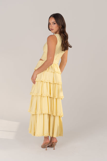 Melody Two-Piece Set - Yellow Sleeveless Top & Layered Ruffle Skirt
