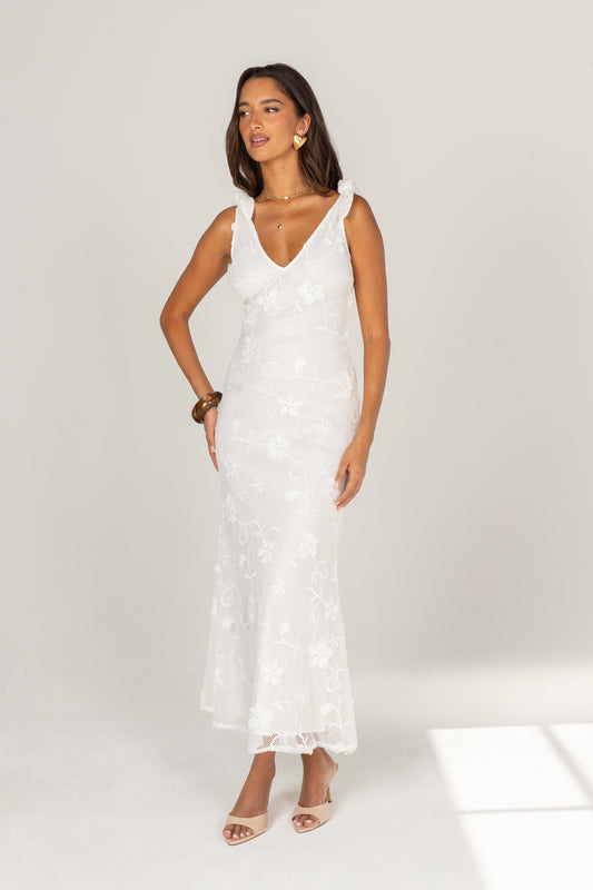 Mirella White Floral Lace Maxi with Shoulder Ties