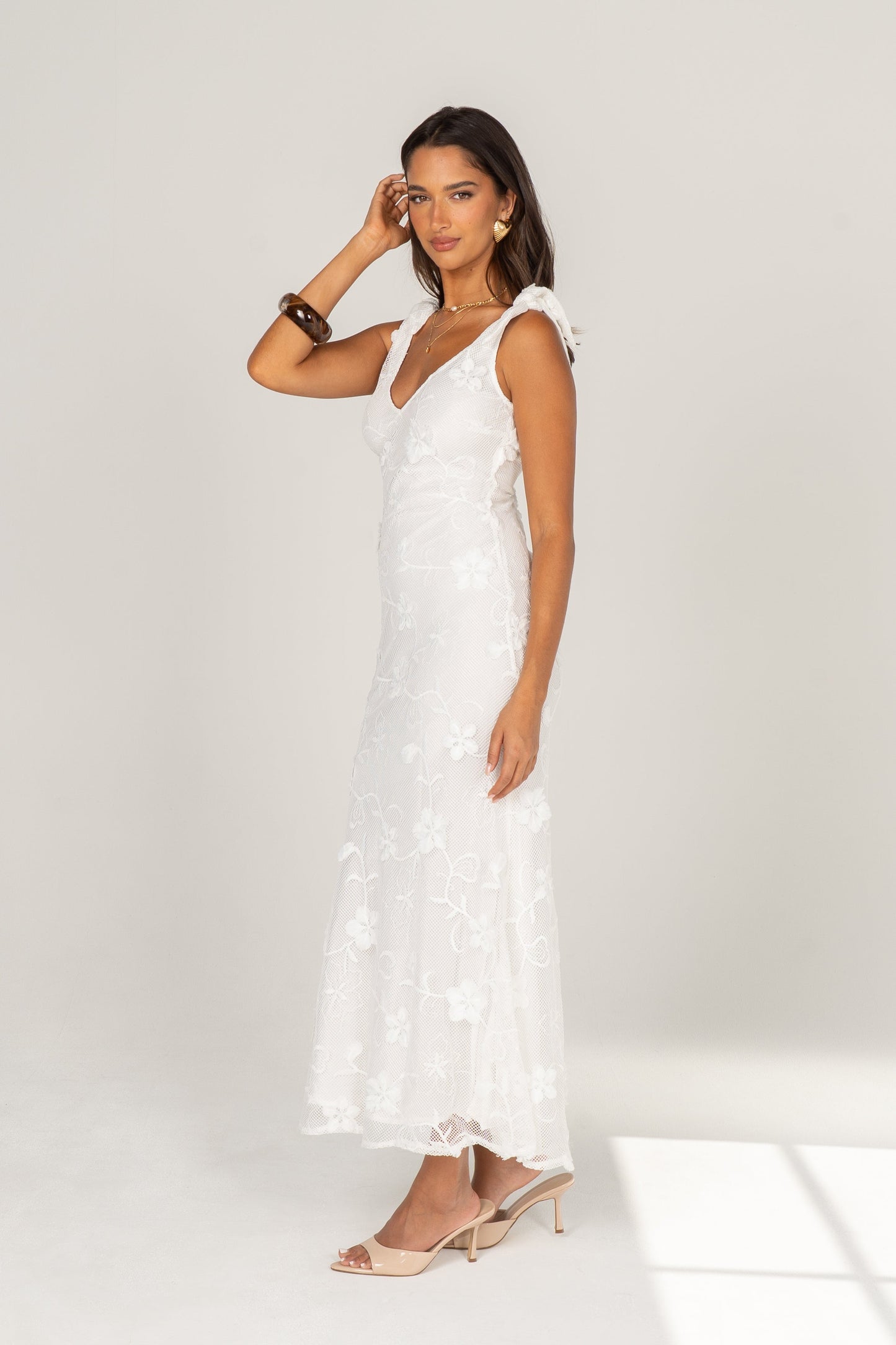 Mirella White Floral Lace Maxi with Shoulder Ties