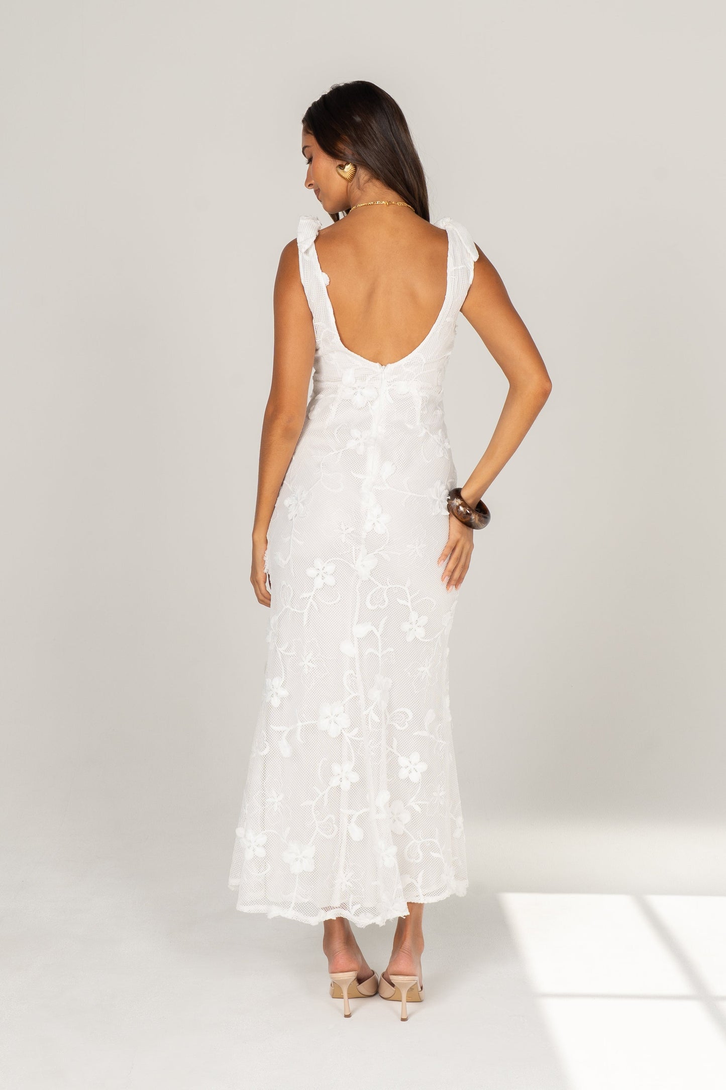 Mirella White Floral Lace Maxi with Shoulder Ties