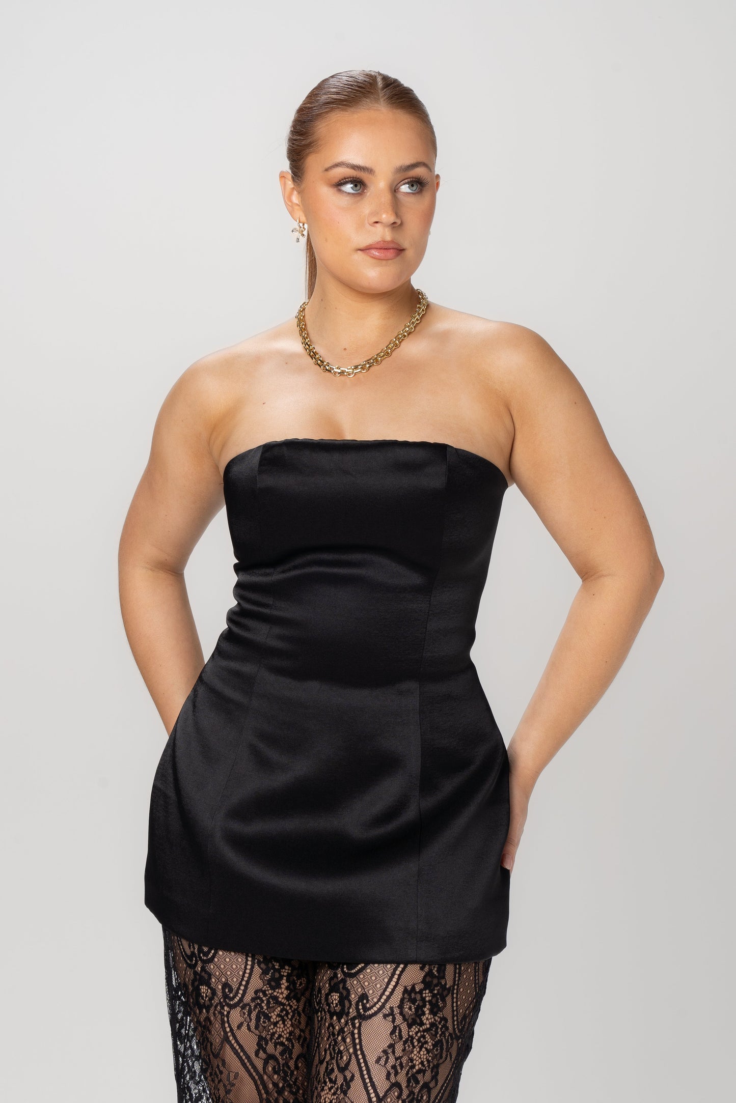 Myra Two Piece Set - Strapless Top & Sheer Lace Pants