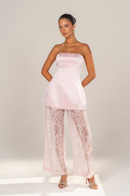 Myra Two Piece Set - Strapless Top & Sheer Lace Pants