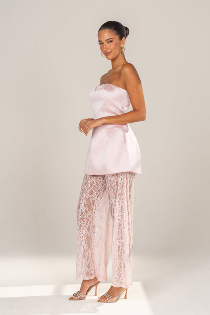 Myra Two Piece Set - Strapless Top & Sheer Lace Pants