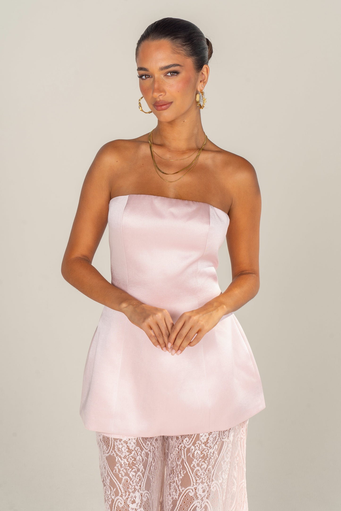 Myra Two Piece Set - Strapless Top & Sheer Lace Pants