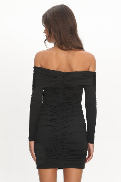 Anaelle Long Sleeve Off-Shoulder Mini Dress Black