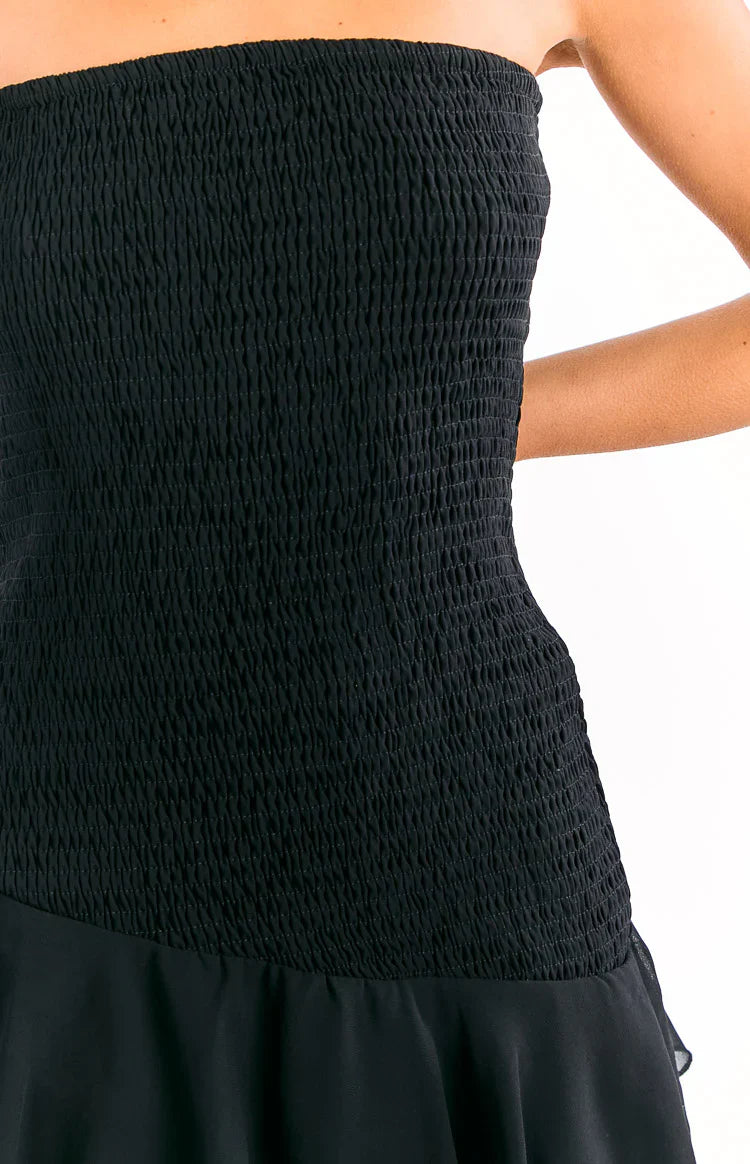 Riles Black Strapless Ruffle Maxi Dress