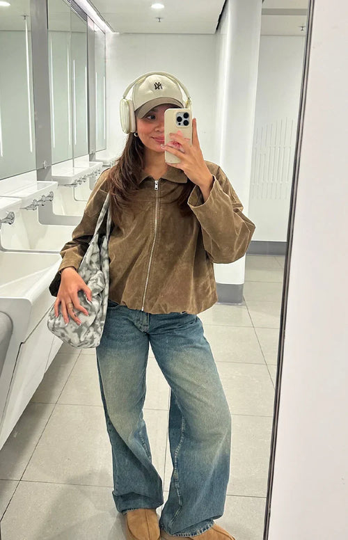 River Brown Suedette Bubble Hem Bomber Jacket
