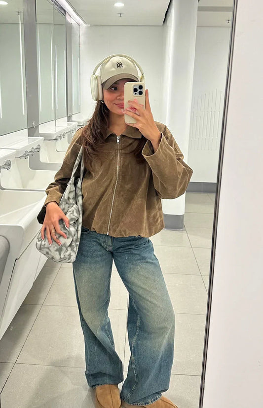 River Brown Suedette Bubble Hem Bomber Jacket