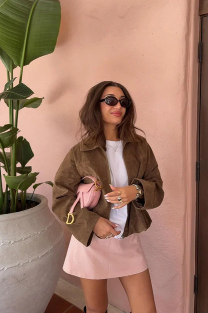 River Brown Suedette Bubble Hem Bomber Jacket