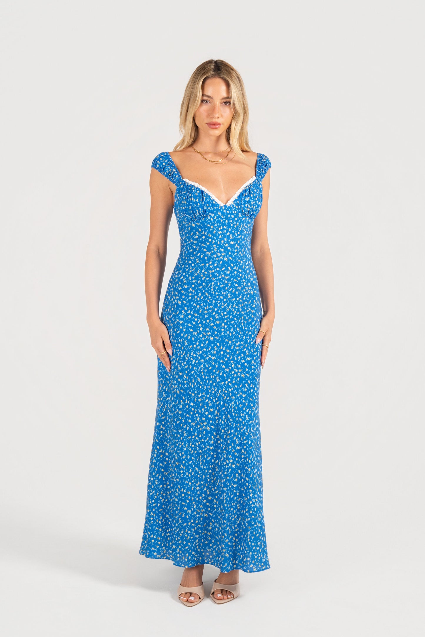 Rosabella Blue Floral Maxi Dress with Lace Trims
