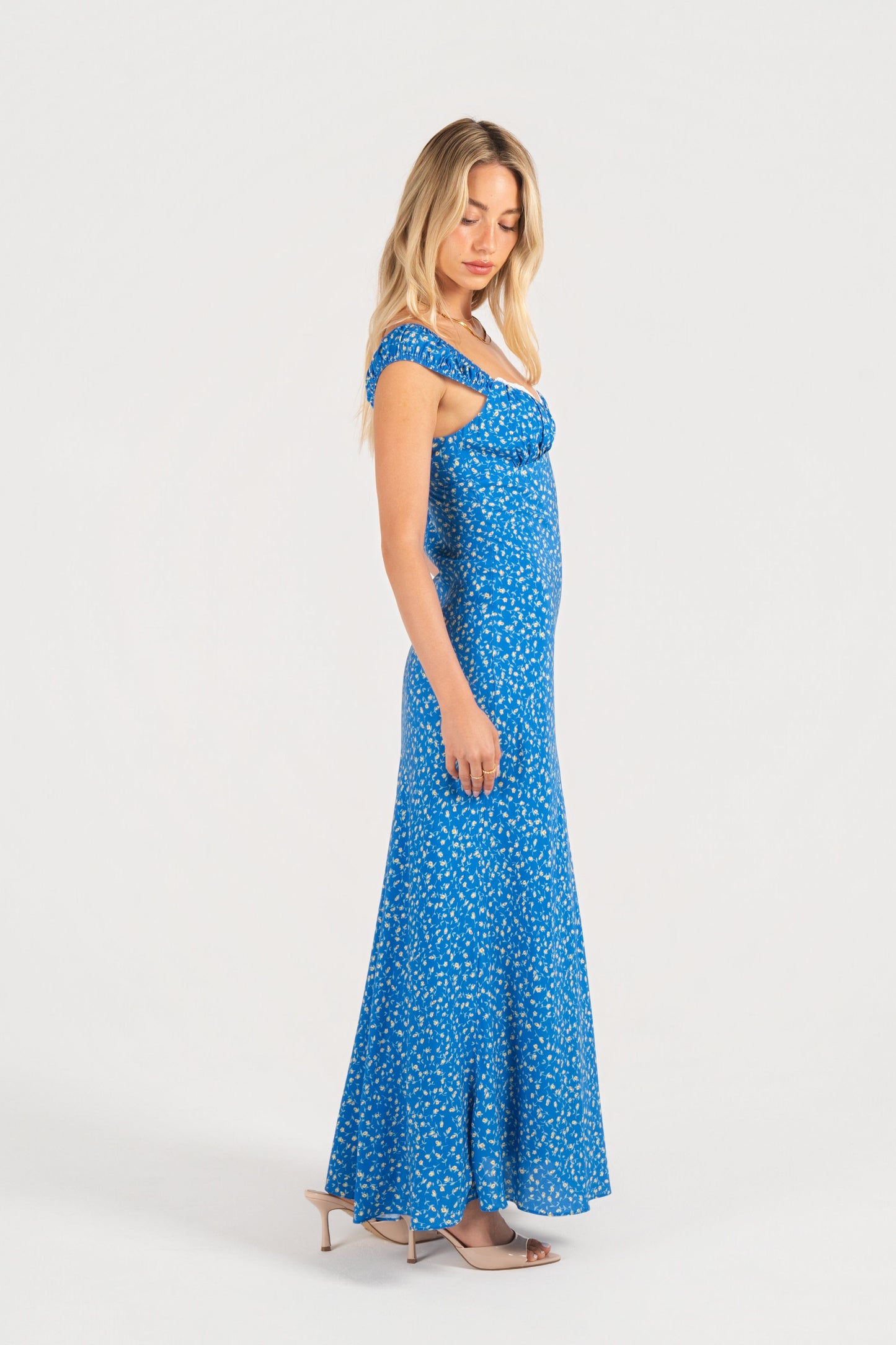 Rosabella Blue Floral Maxi Dress with Lace Trims