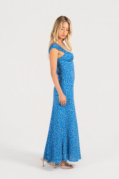 Rosabella Blue Floral Maxi Dress with Lace Trims