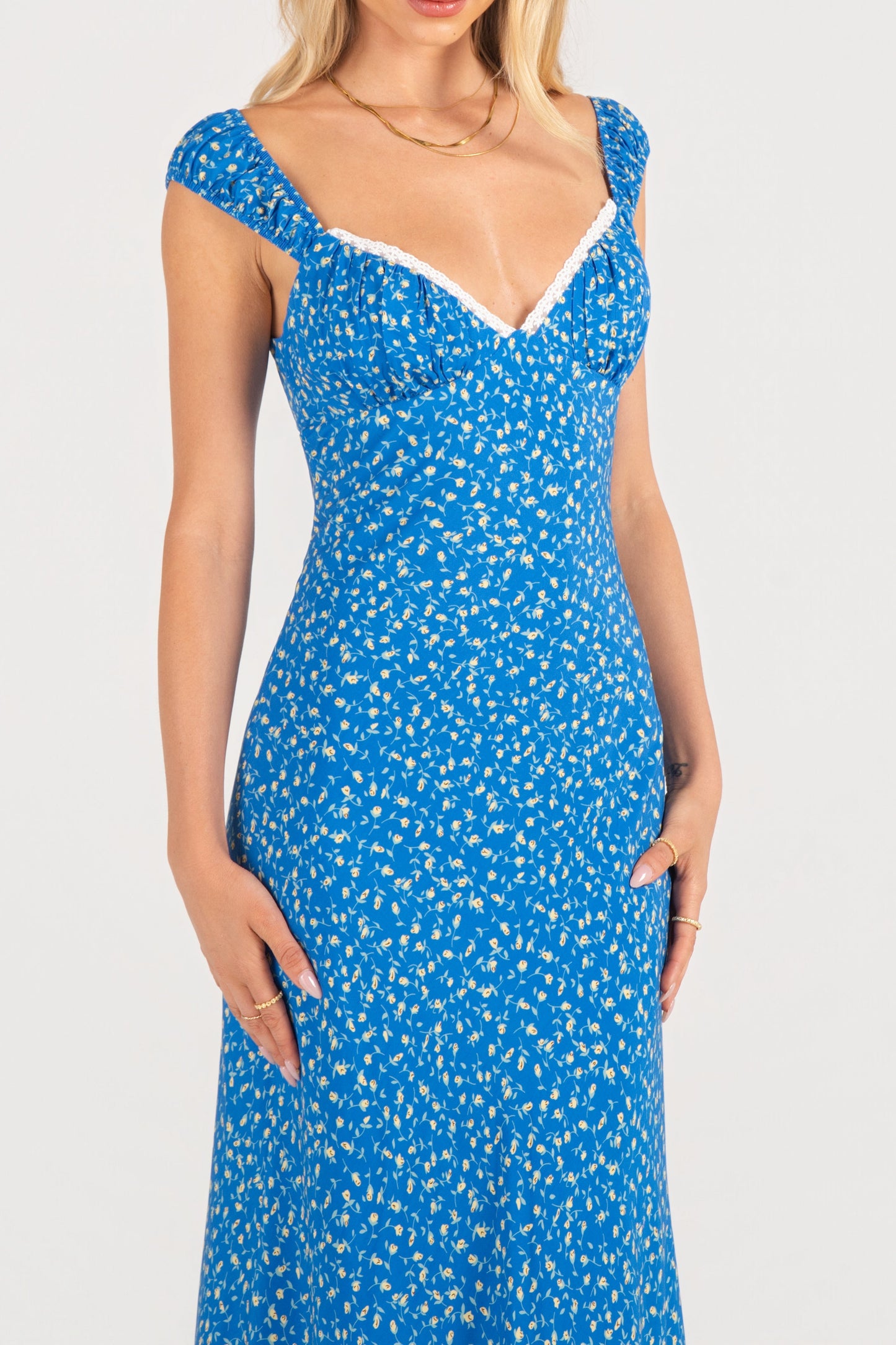 Rosabella Blue Floral Maxi Dress with Lace Trims