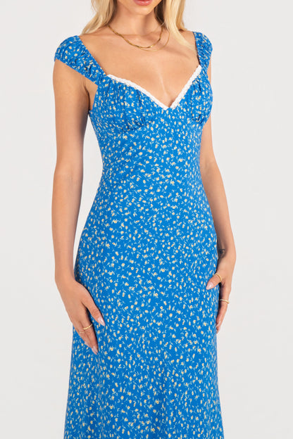 Rosabella Blue Floral Maxi Dress with Lace Trims