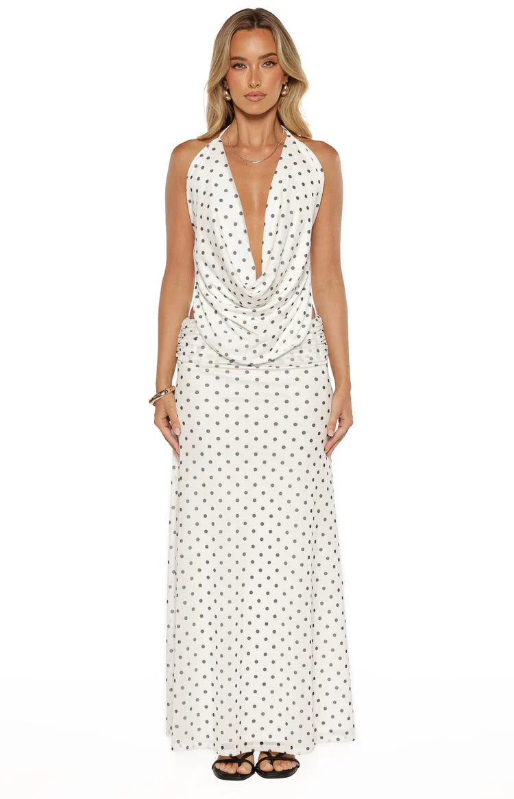 Rozie White Polka Dot Mesh Maxi Skirt
