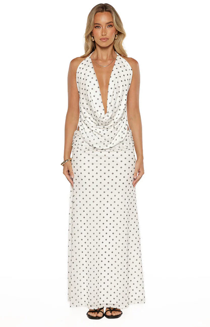 Rozie White Polka Dot Mesh Maxi Skirt