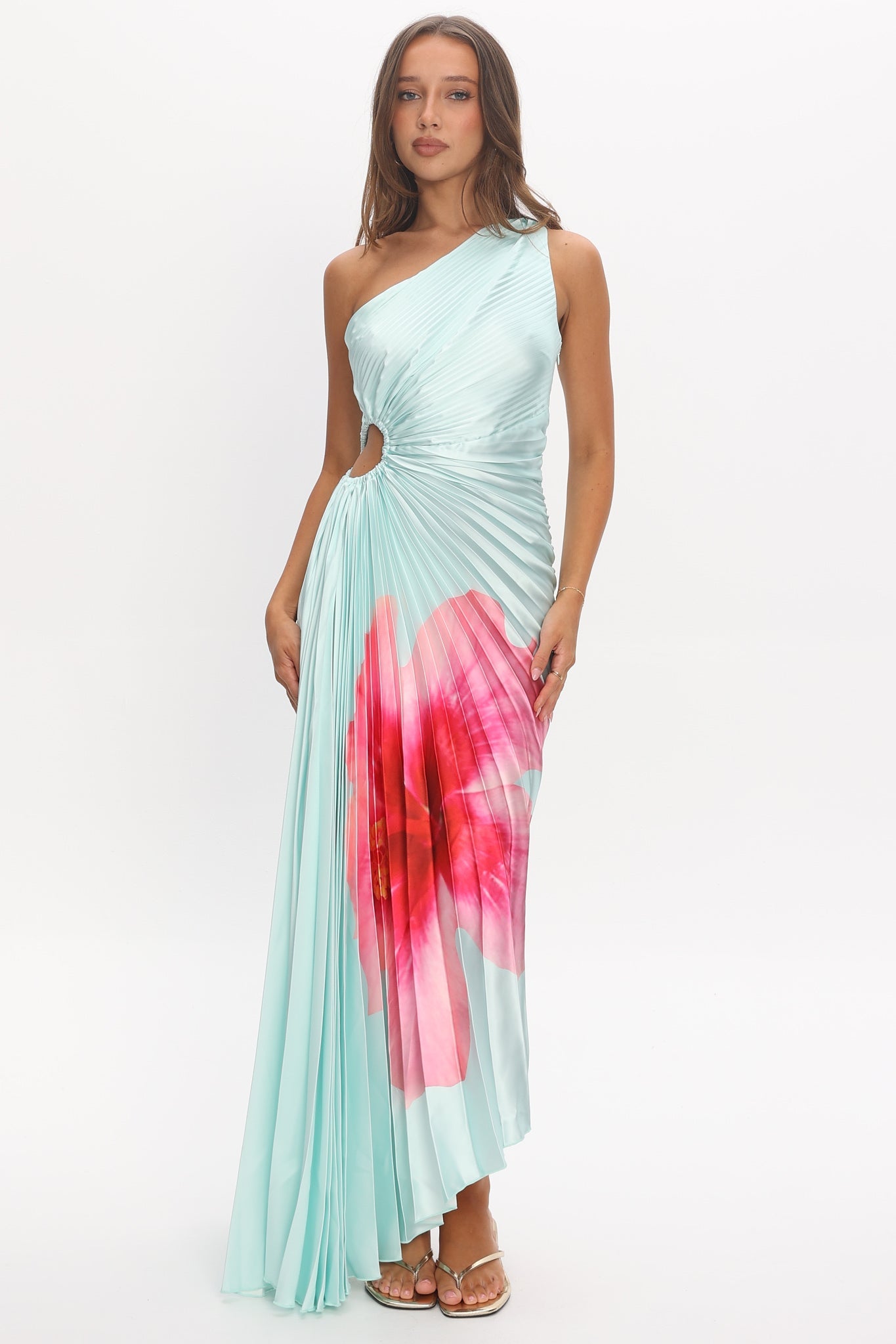 Amelie One-Shoulder Accordion Pleat Maxi Dress Hibiscus Mint