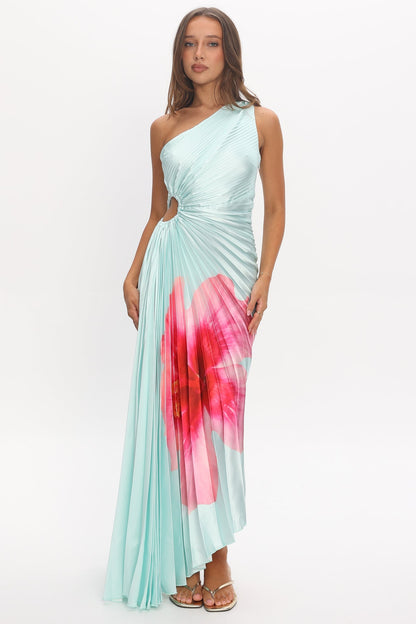 Amelie One-Shoulder Accordion Pleat Maxi Dress Hibiscus Mint