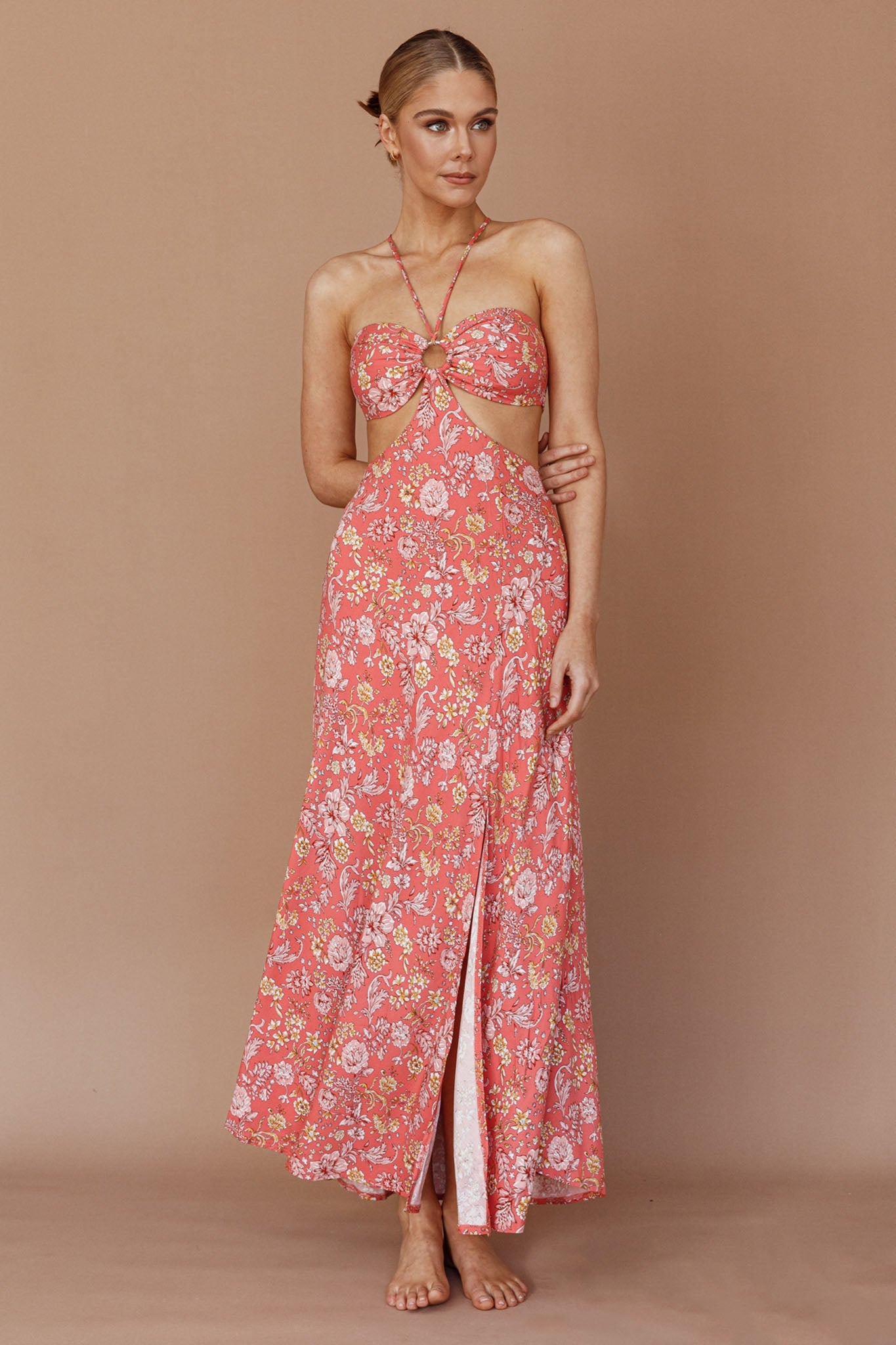 Amorcito Cut-Out Waist Midi Dress Floral Red