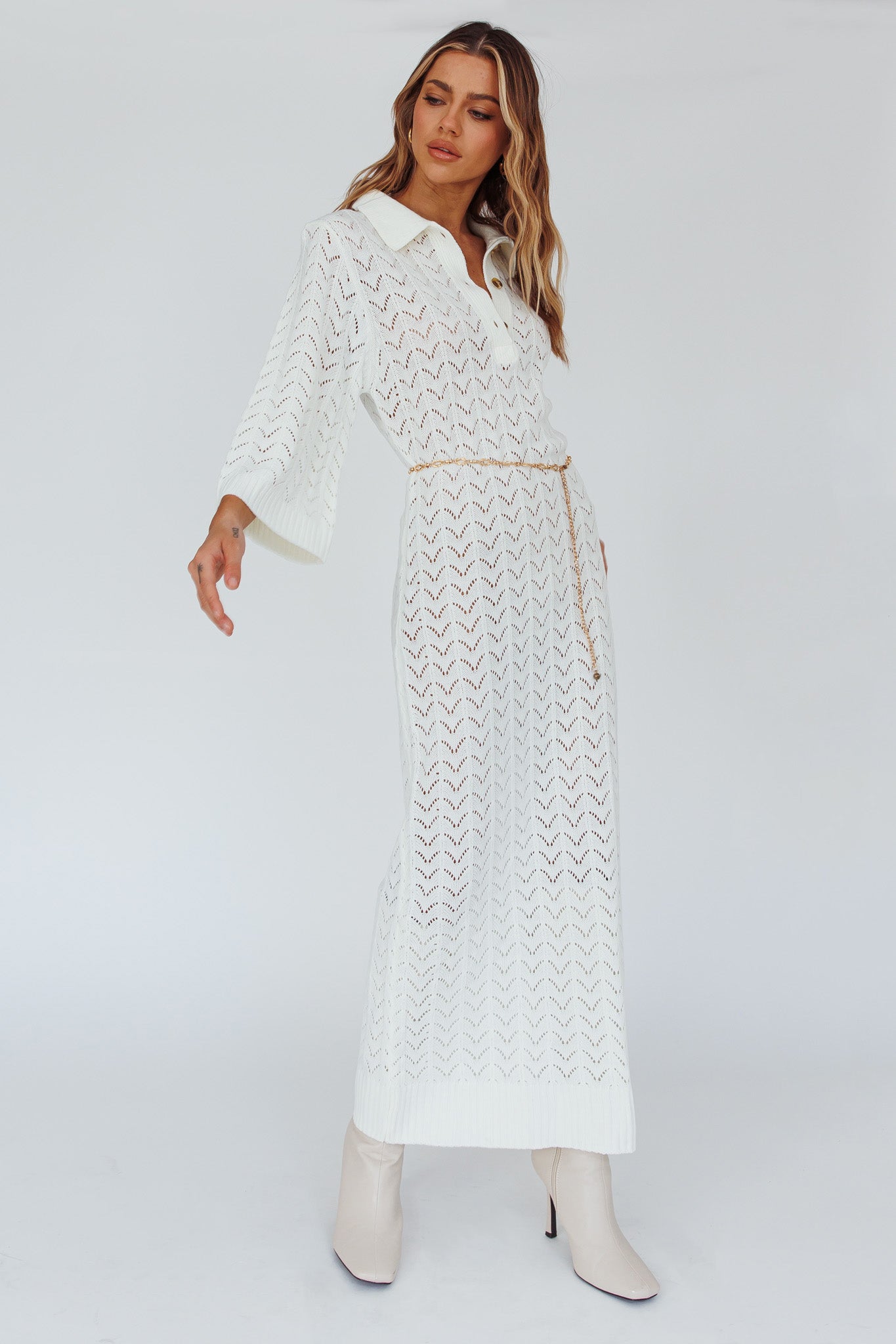 Alouette 3/4 Sleeve Crochet Midi Dress Cream