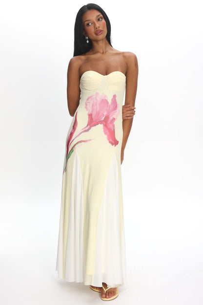 All Mine Godet Hem Maxi Dress Flower Lemon