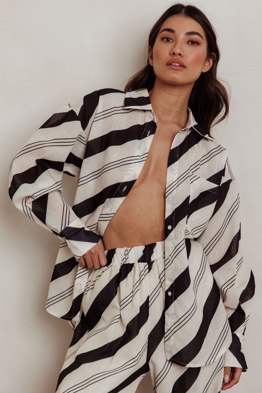 Alex Long Sleeve Striped Print Shirt Black/Cream
