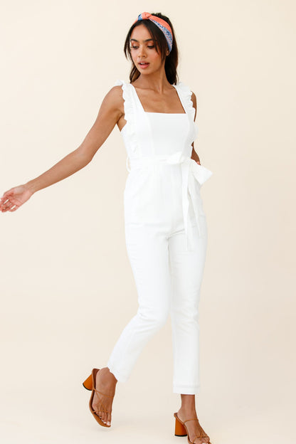 All For Love Square Neckline Ruffle Strap Jumpsuit White