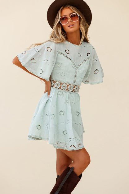 Anais Fluted Sleeve Exposed Back Broderie Anglaise Dress Sage