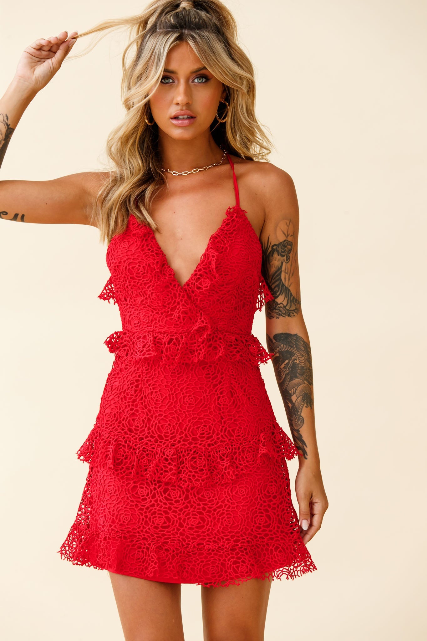 Airlie Halterneck Open Back Lace Dress Red