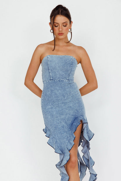 After Party Ruffle Trim Mini Dress Denim Blue