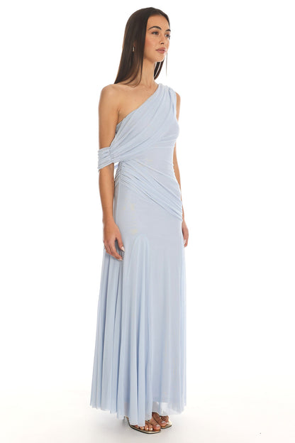 Anaisa Asymmetric Neckline Draped Maxi Dress Baby Blue