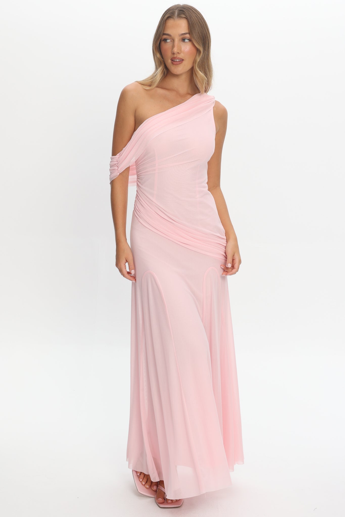 Anaisa Asymmetric Neckline Draped Maxi Dress Light Pink
