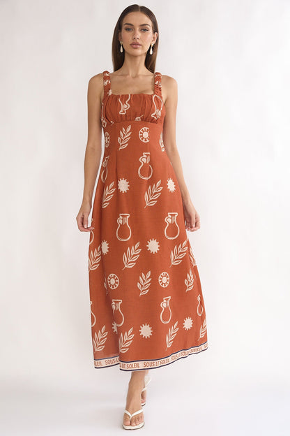 Aila Gathered Bust Maxi Dress Print Tan