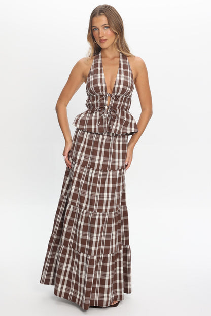 Admire Elasticated Maxi Skirt Plaid Chocolate