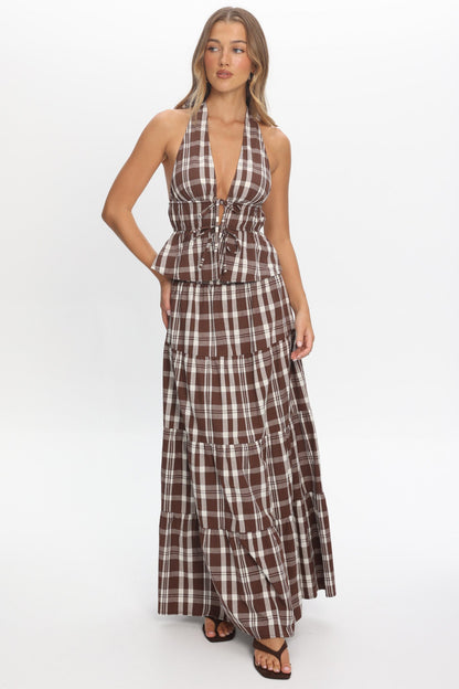 Admire Elasticated Maxi Skirt Plaid Chocolate