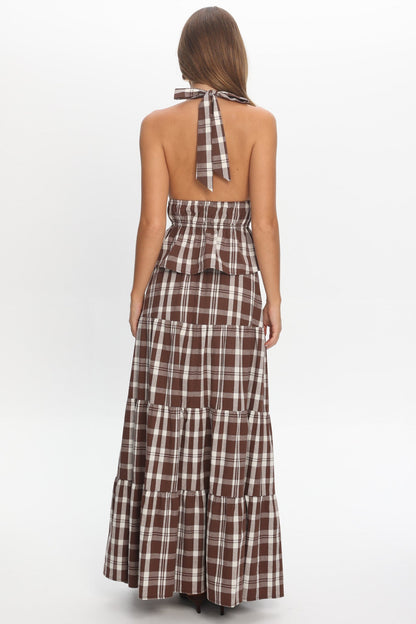 Admire Elasticated Maxi Skirt Plaid Chocolate