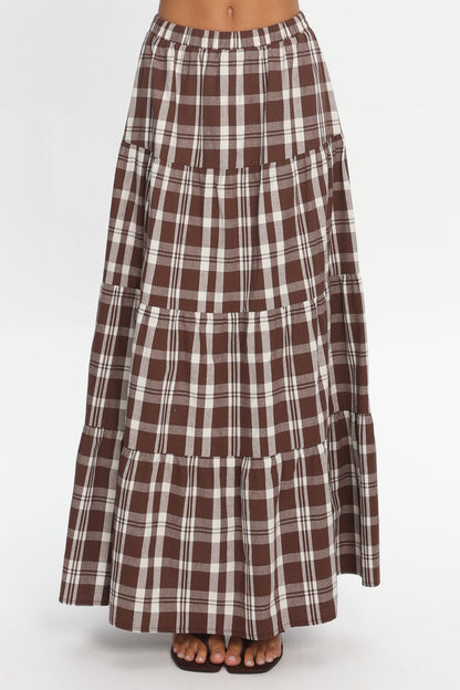 Admire Elasticated Maxi Skirt Plaid Chocolate