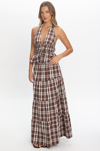 Admire Elasticated Maxi Skirt Plaid Chocolate