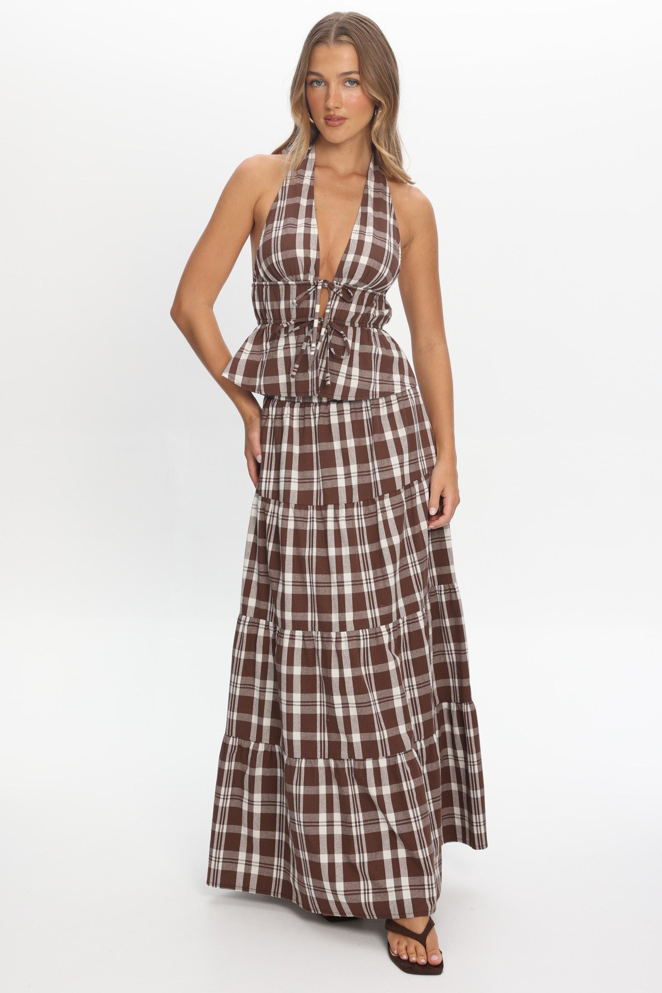 Admire Tie Front Halter Top Plaid Chocolate