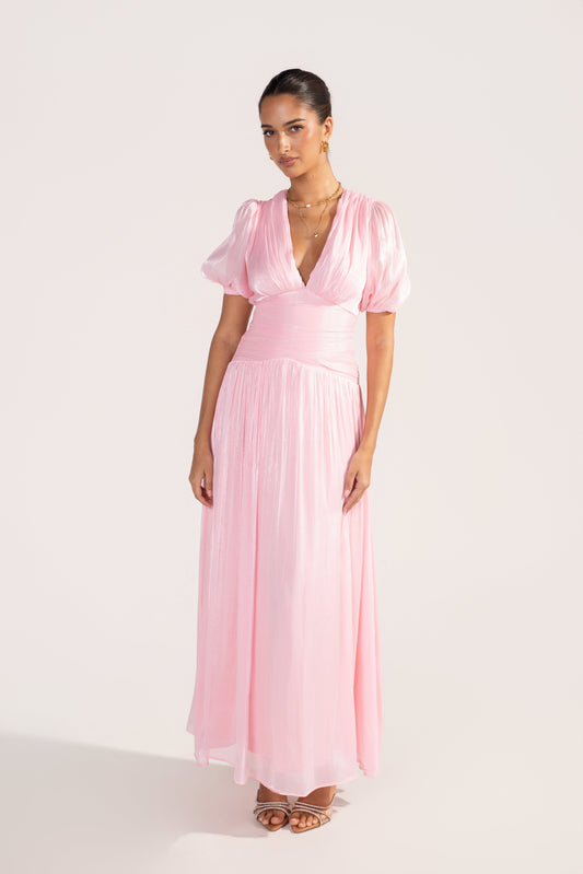 Selisse Pink Shimmer Puff Sleeve Maxi Dress