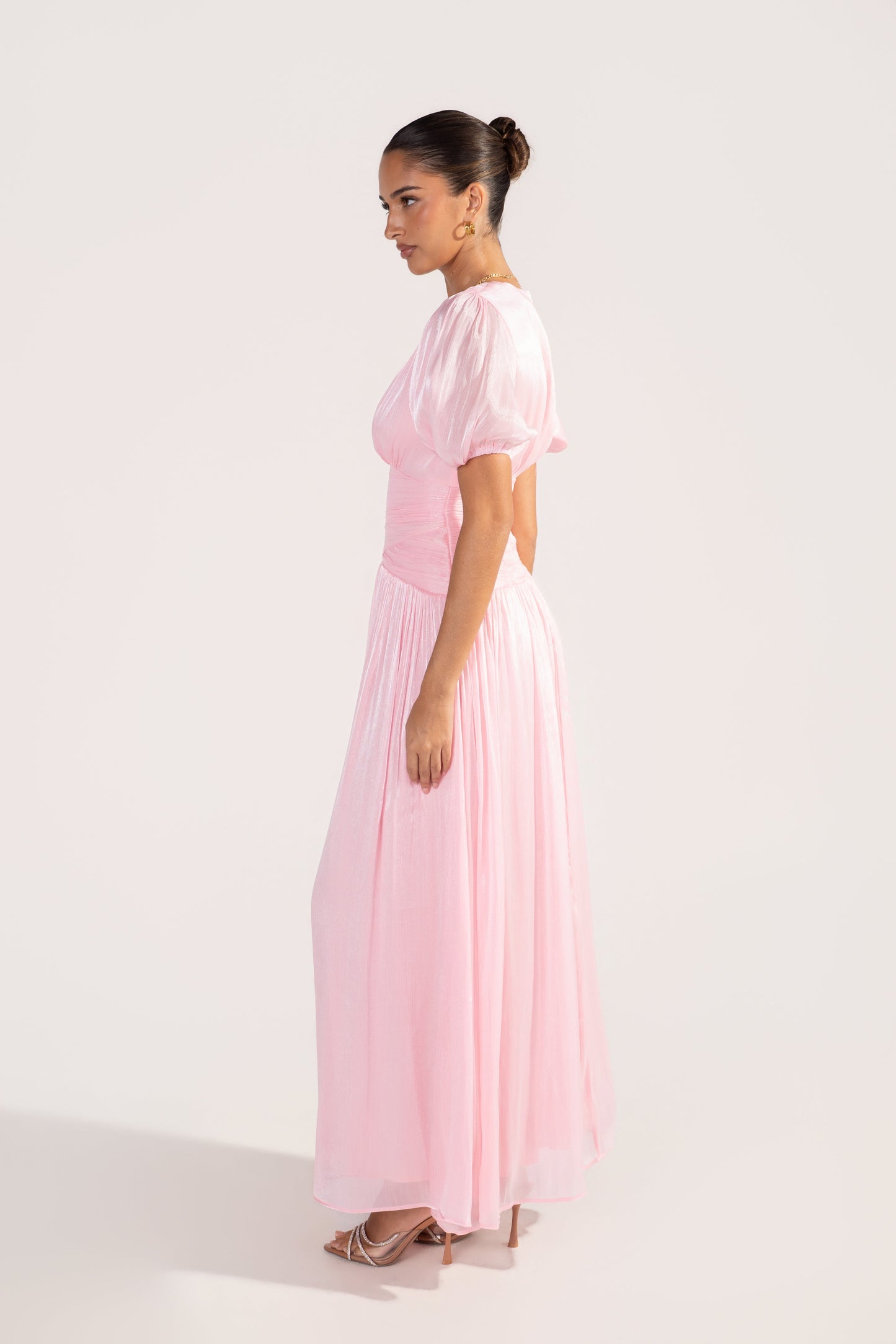 Selisse Pink Shimmer Puff Sleeve Maxi Dress