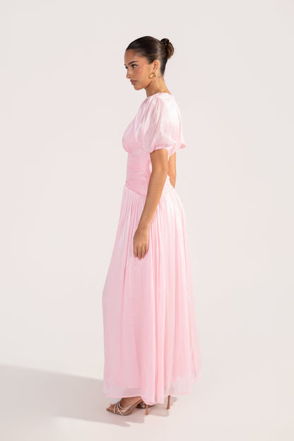 Selisse Pink Shimmer Puff Sleeve Maxi Dress