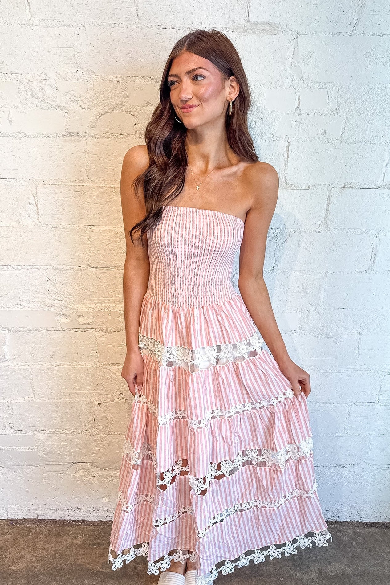 Striped Floral Lace Tube Dress