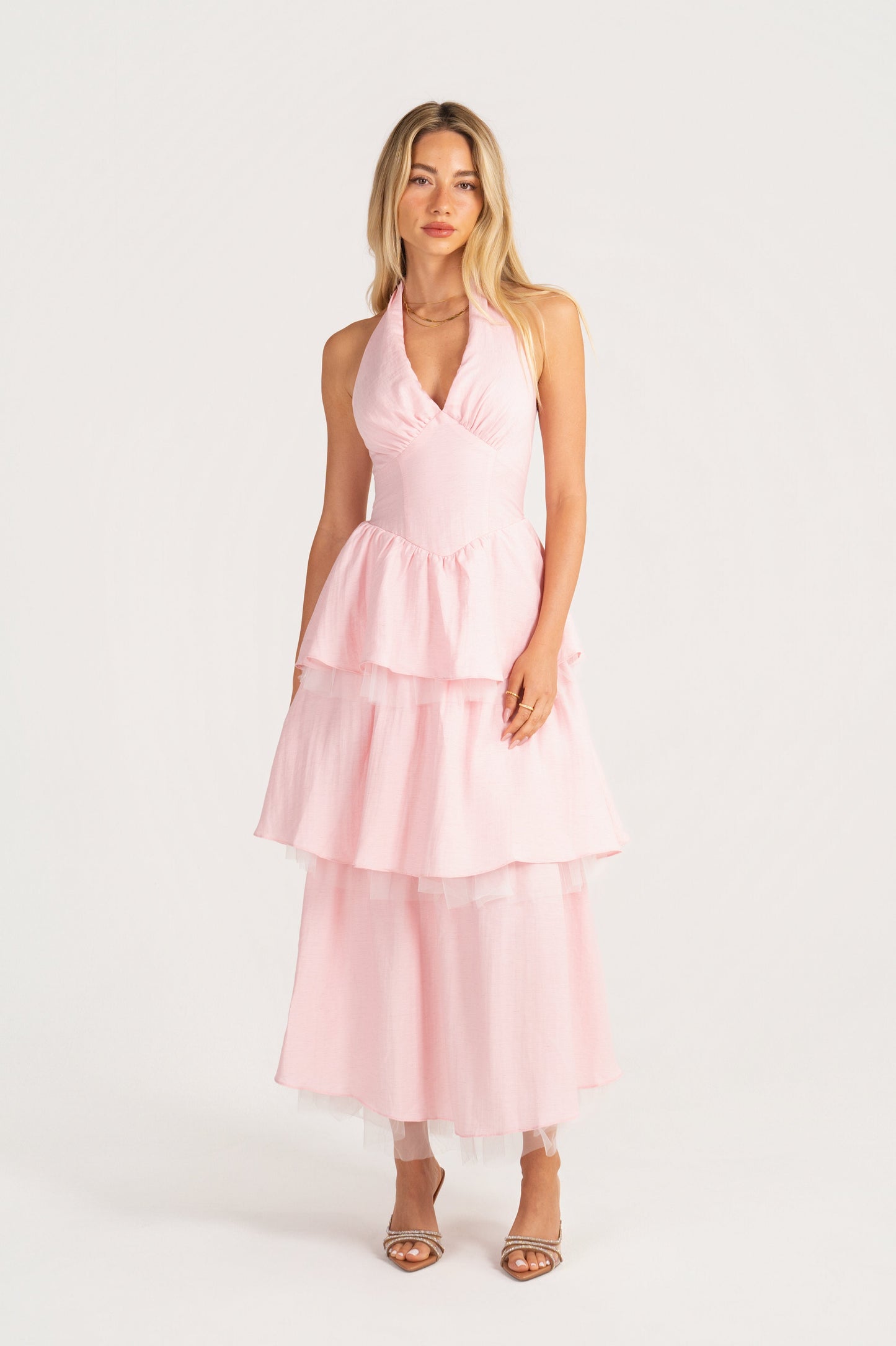 Taisia Pink Halter Neck Dress with Ruffle Tiers