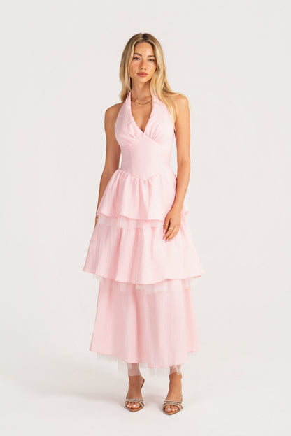 Taisia Pink Halter Neck Dress with Ruffle Tiers