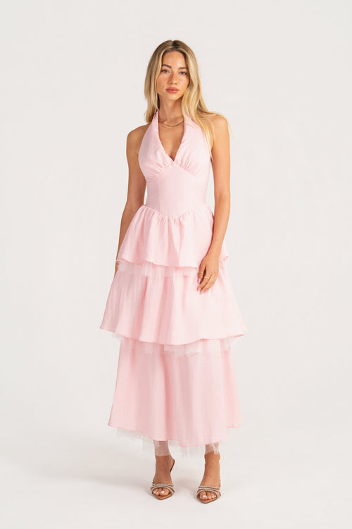 Taisia Pink Halter Neck Dress with Ruffle Tiers