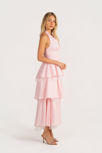 Taisia Pink Halter Neck Dress with Ruffle Tiers