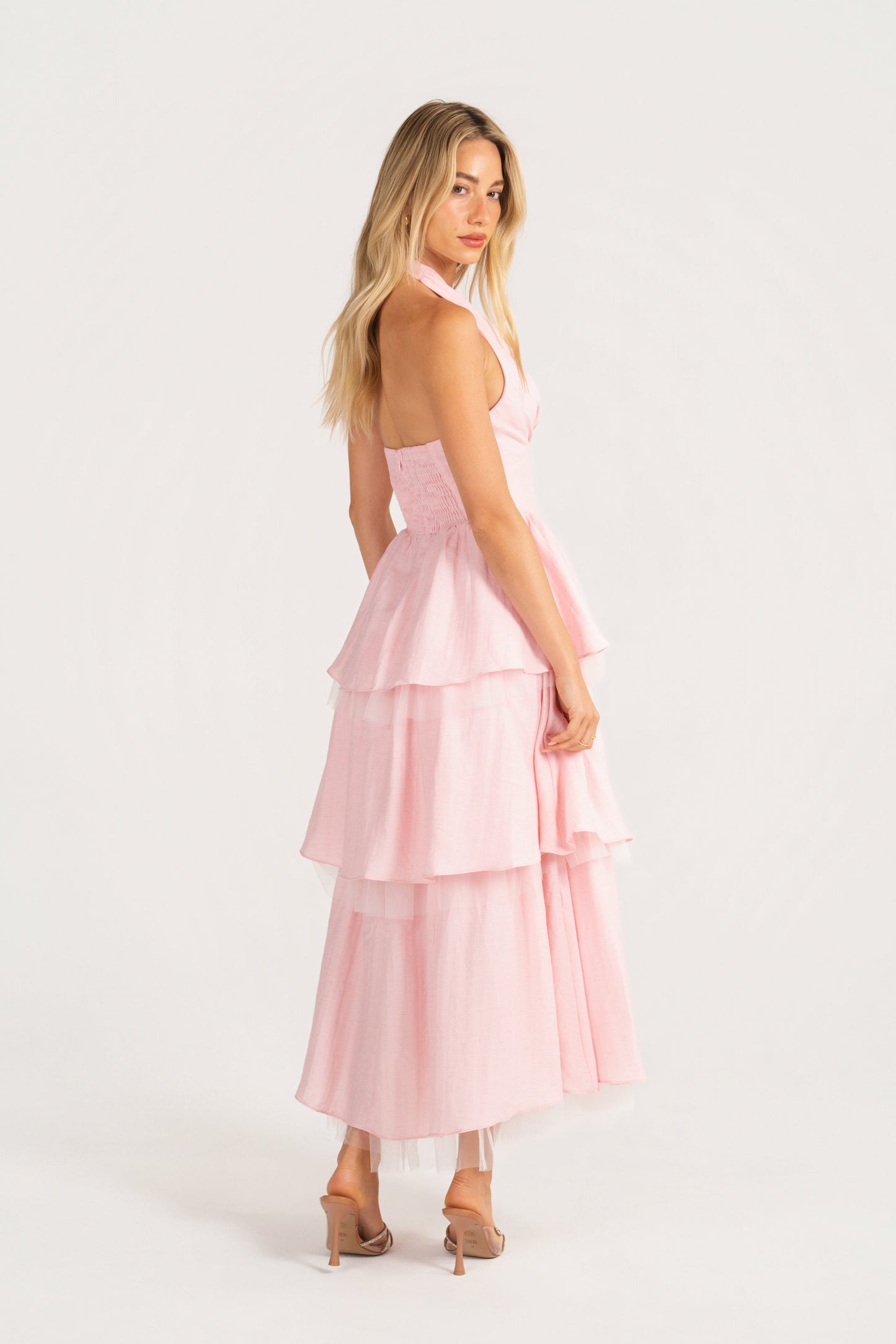 Taisia Pink Halter Neck Dress with Ruffle Tiers